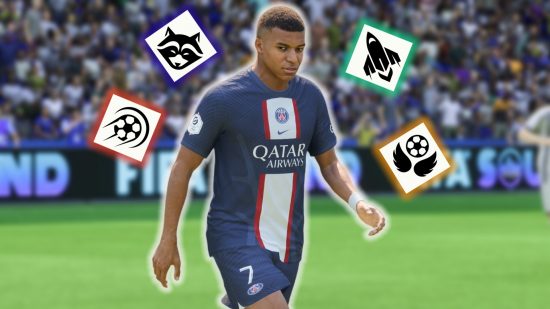 FC 24 のプレイスタイル: さまざまなプレイスタイルの 4 つのフローティング アイコンに囲まれた青い PSG キットを着たキリアン ムバッペ