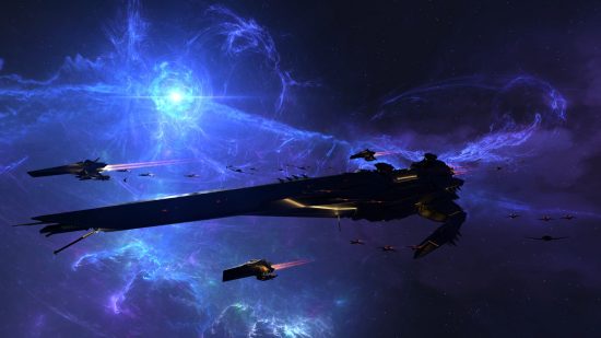 最高の宇宙ゲーム: 不気味な青い宇宙雲に浮かぶ長い宇宙船