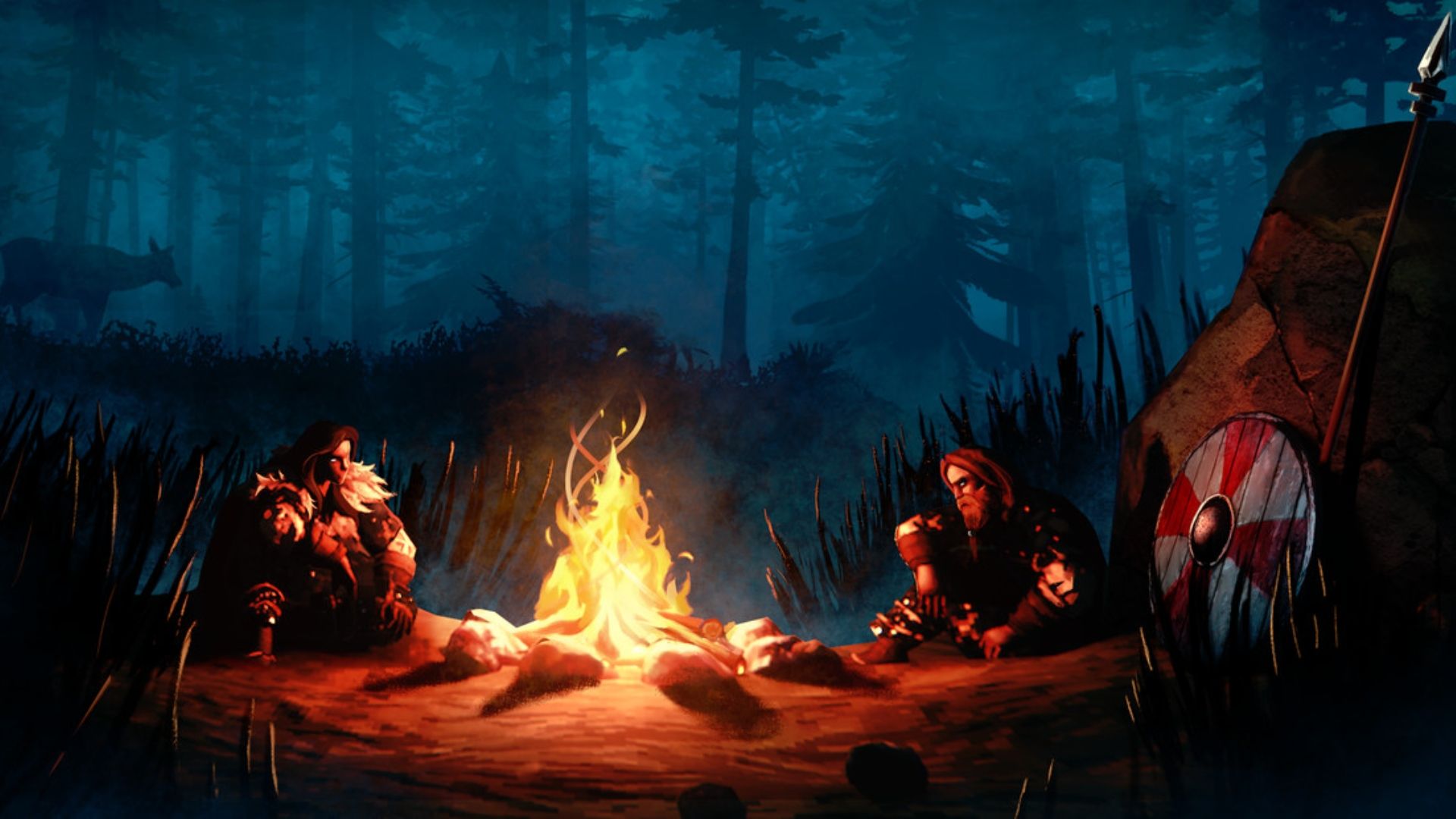 ベスト サバイバル ゲーム: 2 人のハンターが火の周りに座っています。