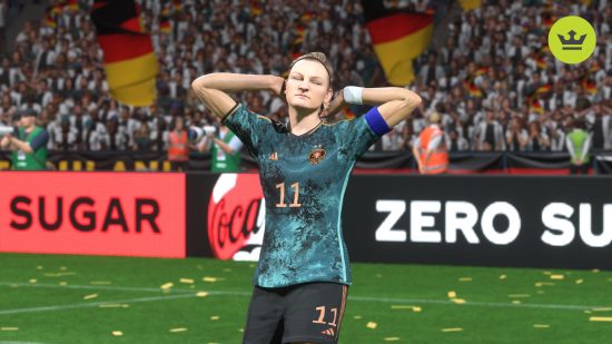FC 24女子評価：緑のドイツユニフォームを着て腕を頭の後ろで伸ばすアレクサンドラ・ポップ