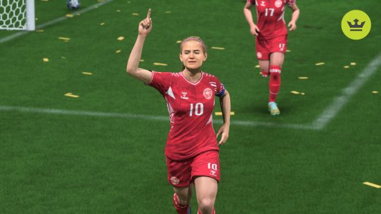 FC 24女子評価：真っ赤なデンマークユニフォームを着たパーニル・ハーダーが指を空に向けて祝賀走行する