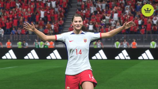 FC 24女子評価：ノルウェーの白いシャツと赤いショートパンツを着て腕を伸ばすエイダ・ヘーガーベルク