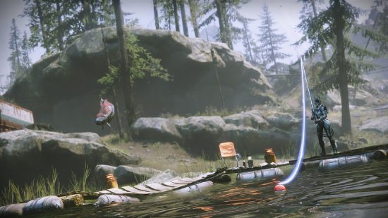 Destiny 2 Diablo 4 Seasons: 小魚が水から飛び出す中、守護者が光る釣り糸を湖に投げる