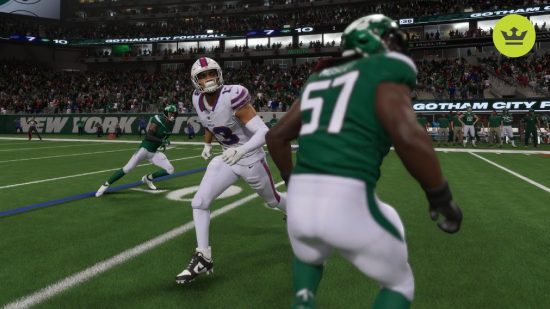 マッデン 24 レビュー: 白いジャージを着た NFL 選手が、緑のジャージを着て近づいてくる相手選手の周りを走り回っているように見える