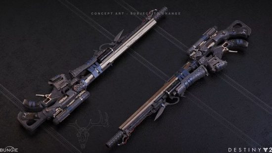 Destiny 2 Final Shape エキゾチック武器: 青と黒のスナイパー ライフルのコンセプト アート