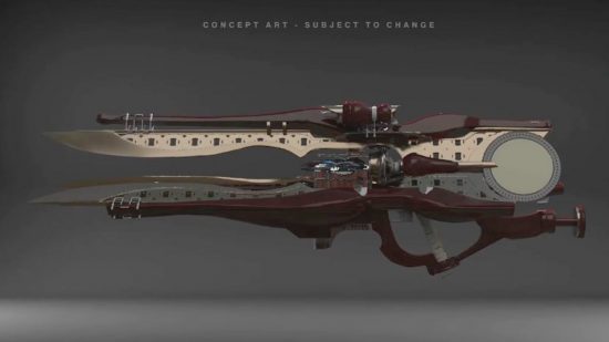 Destiny 2 Final Shape エキゾチック武器: ダークレッドとベージュのトレース ライフルのコンセプト アート