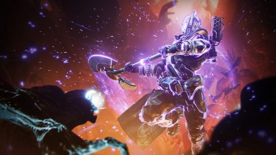 Destiny 2 The Final Shape スーパー: タイタン スーパーが動作し、キャラクターが紫色の斧で空中に飛び上がります。