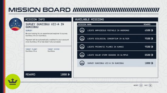 スターフィールドミッションボード: 調査ミッションタイプ。