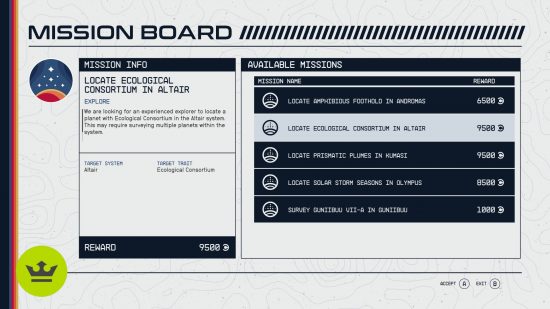 スターフィールド ミッション ボード: 探索ミッション タイプ。