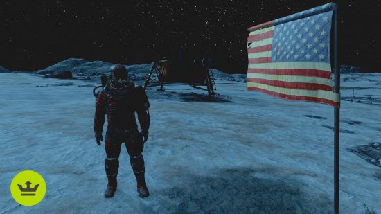 スターフィールド イースター エッグ: アポロ 11 号の月面着陸場所でアメリカ国旗の隣に立つプレイヤー。