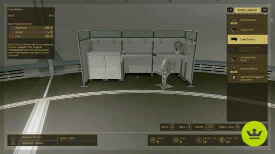 スターフィールドの前哨基地の建物: プレイヤーが基地にクルー ステーション アイテムを配置します。