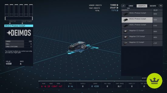 Starfield 造船: プレイヤーが建造メニューにコックピットを配置します。