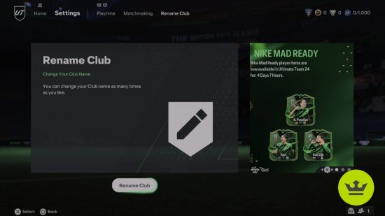 FC 24 クラブ名変更: 設定のクラブ名オプション。