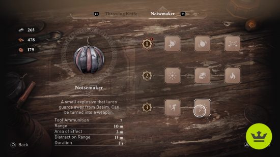 Assassin's Creed Mirage の最高のツール: Noisemaker はツール画面でアップグレードします。