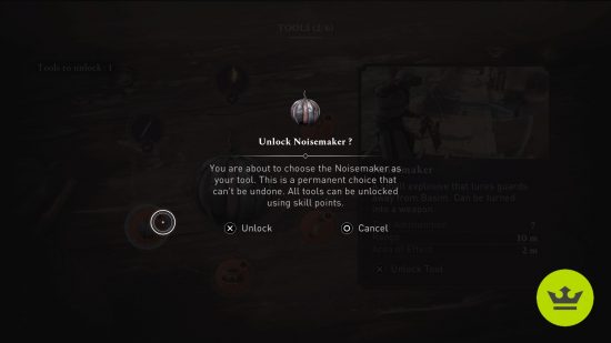 Assassin's Creed Mirage の最適なツール: プレイヤーにツールの選択を確認するメッセージ。