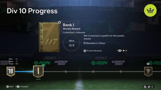 FC 24 Division Rivalsの報酬時間: ゴールドパックの横に報酬と要件のリストを表示するFC 24メニューのスクリーンショット