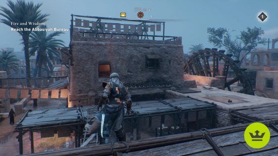 アサシン クリード ミラージュ チャレンジ エニグマ: プレイヤーは近くの屋上に立って、夜に右側に大きな水車のあるパズルの建物を眺めます。