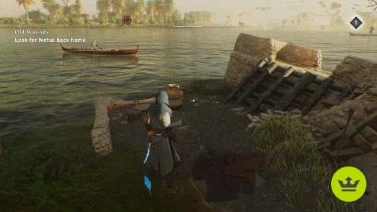Assassin's Creed Mirage Surrender Enigma: プレイヤーは、ウクバラ村で部分的に水没した家の瓦礫、降伏パズルの解決策を見ています。