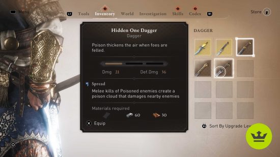 Assassin's Creed Mirage の最高の武器: 武器選択メニューの「Hidden One Dagger」。