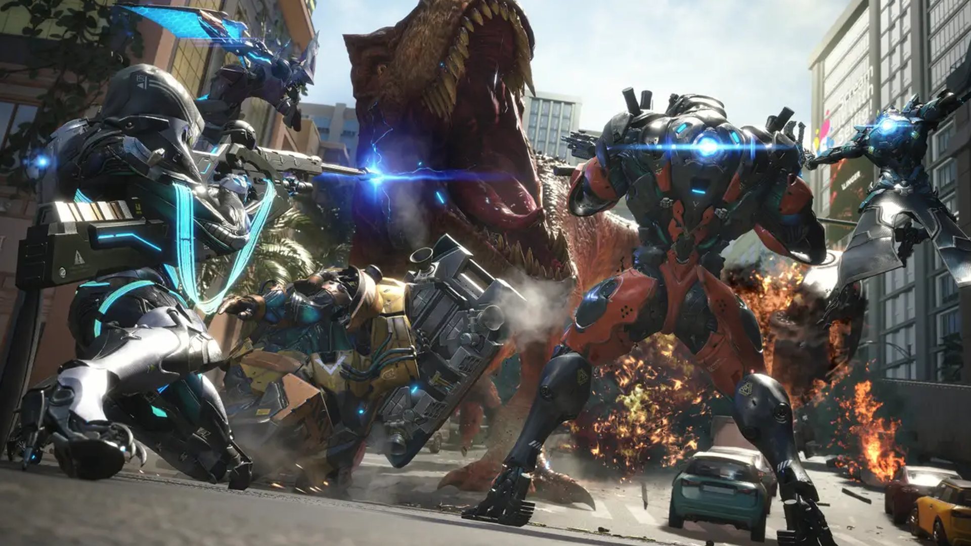 ベスト Xbox マルチプレイヤー ゲーム: 複数の恐竜がエクソスーツで戦っているのが見られます
