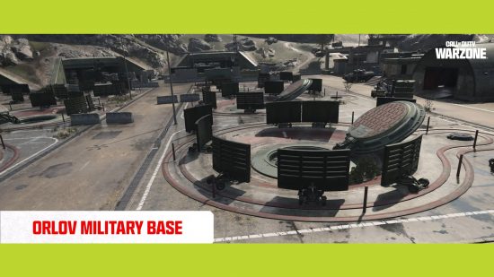 Warzone ウルジクスタンの新しいマップ: いくつかのサイロとバリケードがあるオルロフ軍事基地の眺め。
