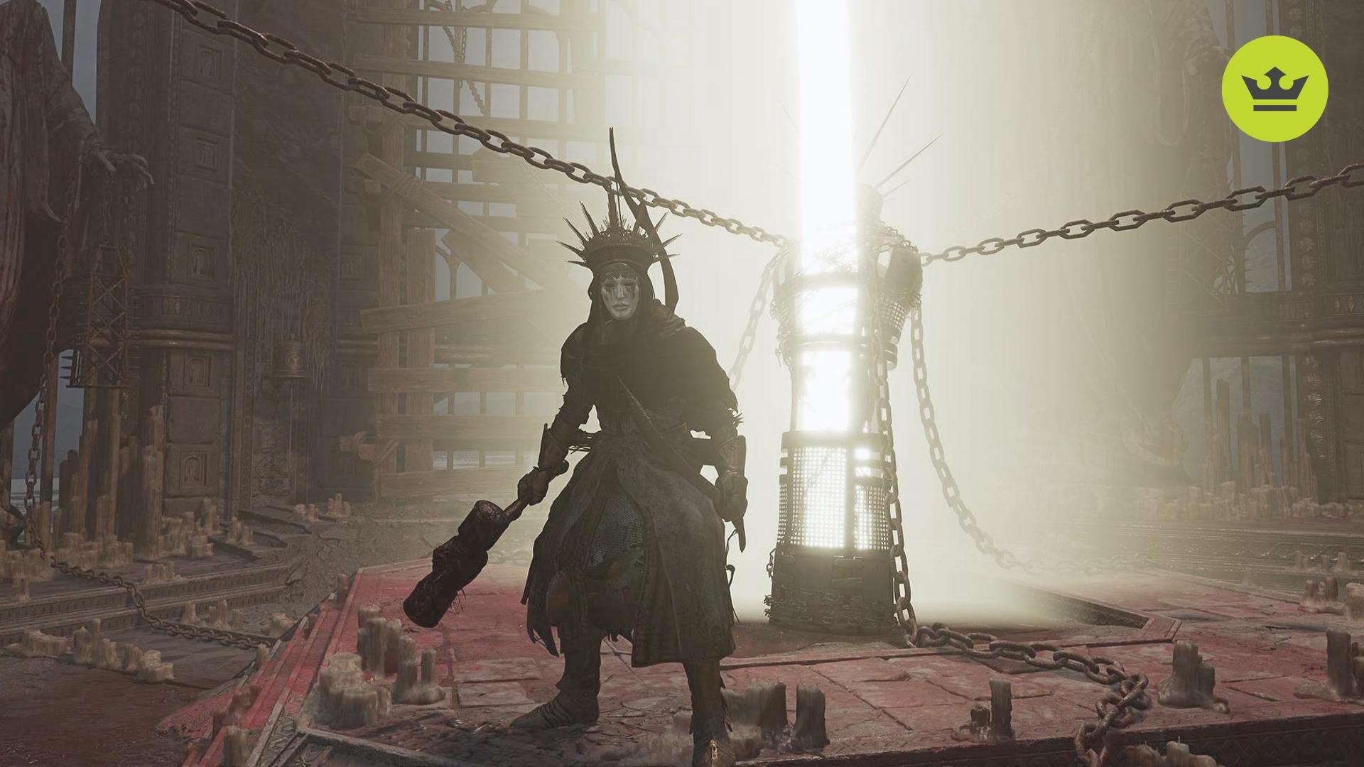 Lords of the Fallen のレビュー: プレイヤーは白いフェイスマスクをかぶって、金色の光線を発する輝くビーコンの前に立っています。