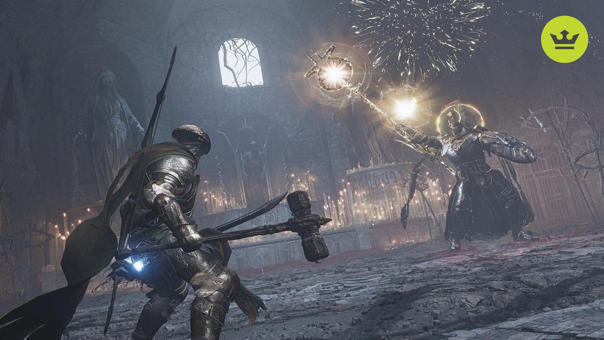 Lords of the Fallen レビュー: プレイヤーは大きなハンマーと剣を振り回し、大きな杖から黄金の呪文を唱える、そびえ立つ鎧を着たボスと対峙します。