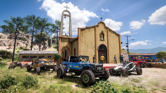 ベスト Xbox ゲーム: Forza Horizo​​n 5 のメキシコの教会の隣にある車のグループ。