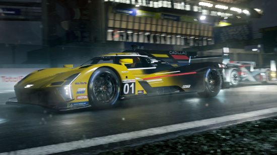Xbox 独占: Forza Motorsport のトラックでレースをする車 