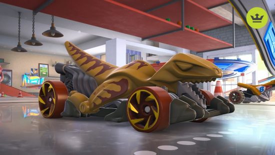 Hot Wheel Unleashed 2 レビュー: 大きなガレージスペースに置かれた恐竜の形をした茶色の車