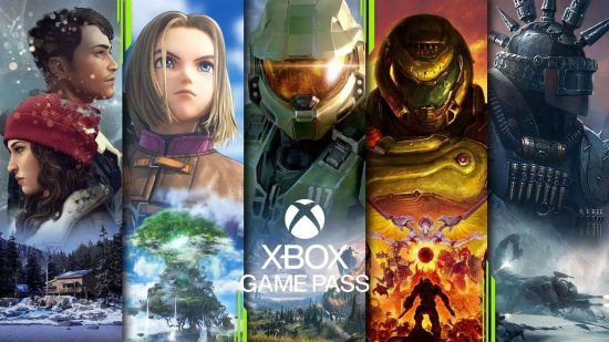 最高の Xbox Series X アクセサリ: Halo や Doom などの主要なゲームのさまざまなキャラクターを使用した Xbox Game Pass のプロモーション アート。