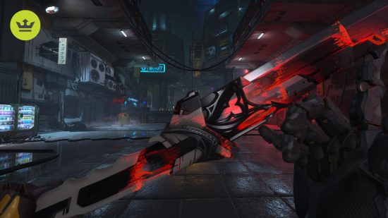Ghostrunner 2 レビュー: 黒と赤の大きな剣を持った人物の一人称視点