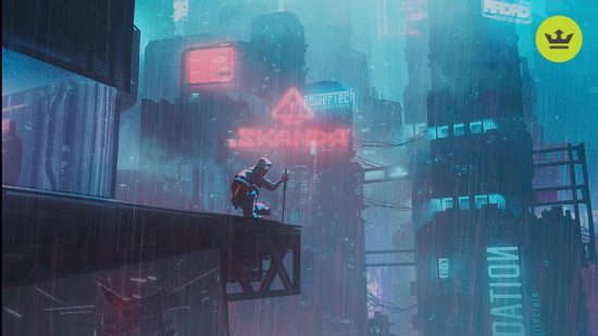 Ghostrunner 2 レビュー: 周囲に雨が降り、ネオン輝く街を背景に佇む中、建物の屋上の端にひざまずく人物。