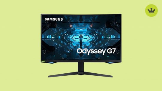 ベスト Xbox Series X モニター: 緑色の背景の前にある Samsung Odyssey G7 モニター