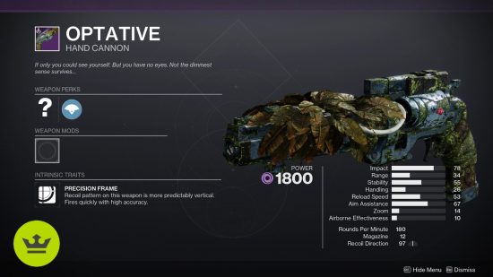 Destiny 2 シーズン オブ ザ ウィッシュの武器: 武器プレビュー ページに表示される Optative ハンドキャノン。