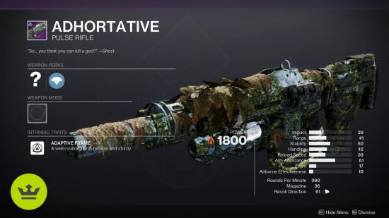 Destiny 2 シーズン オブ ザ ウィッシュの武器: 武器プレビュー メニューに表示される Adhortative パルス ライフル。