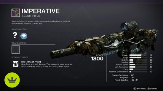 Destiny 2 シーズン オブ ザ ウィッシュの武器: 武器プレビューのインペラティブ スカウト ライフル。