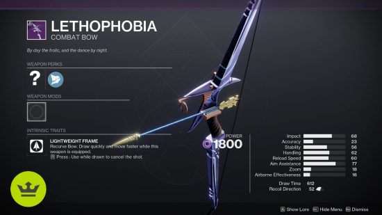 Destiny 2 シーズン オブ ザ ウィッシュの武器: 武器プレビュー ページの Lethophobia の弓。