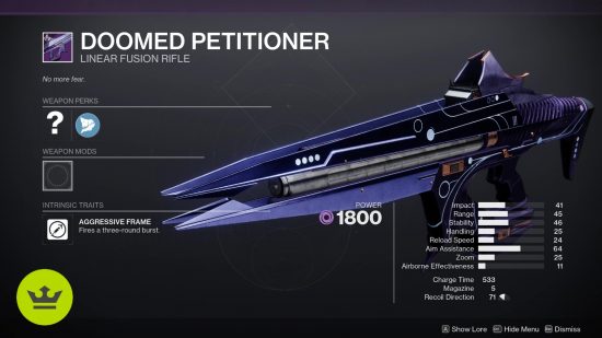 Destiny 2 シーズン オブ ザ ウィッシュの武器: プレビュー画面の The Doomed Petitioner リニア フュージョン ライフル。