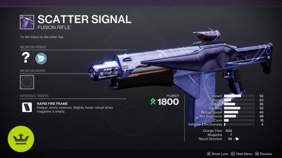 Destiny 2 シーズン オブ ザ ウィッシュの武器: 武器プレビュー画面のスキャッター シグナル フュージョン ライフル。