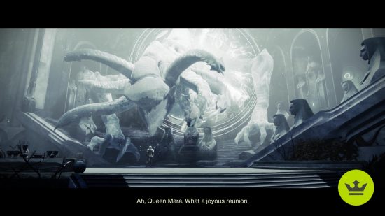 Destiny 2 Wishing All the Best: カットシーン中にマラ ソフがウィッシュ ドラゴンのリヴェンに話しかけ、リヴェンが彼女の上にそびえ立っています。