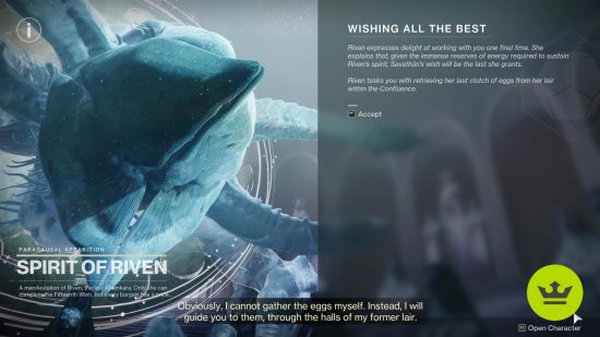 Destiny 2 Wishing All the Best: 会話シーン中にリヴェンと対話するプレイヤー。右側にテキスト ボックスが表示されます。