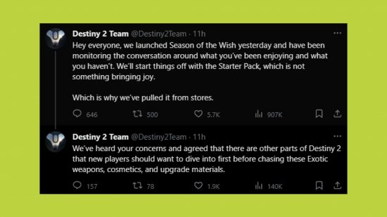 Destiny 2 スターター パックが削除されました: 前述の引用を含むツイート