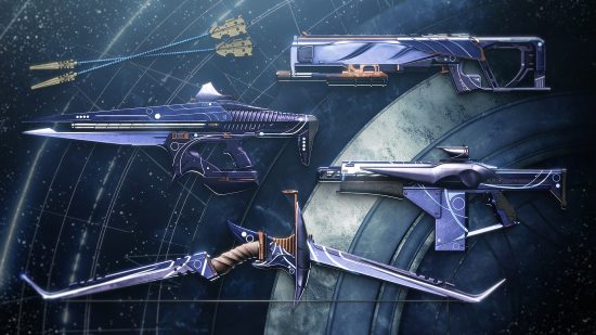 Destiny 2 ザ コイル: 願いのシーズンの 4 つの武器 (弓、ショットガン、フュージョン ライフル、リニア フュージョン ライフルなど) を壁に当てます。