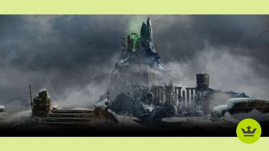 Destiny 2 ウォーロードの遺跡: 緑の輝きが頂上から出ている雪山の頂上にある城。