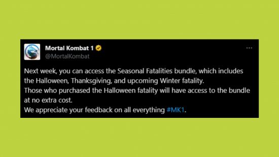 Mortal Kombat 1Halloween Fatality 無料バンドル: 無料バンドルを説明するツイートの画像