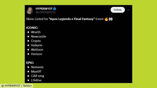 Apex Legends FF7スキンキャラクターリーク：キャラクターと武器の詳細を記載したHYPERMYSTからのツイート