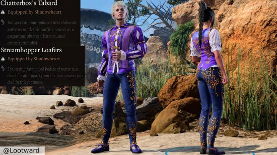 Baldur's Gate 3 Twitch Drops Xbox PS5: ビーチを舞台にした Twitch Drop の服を着たアスタリオンとシャドウハート (向こうを向いている)。