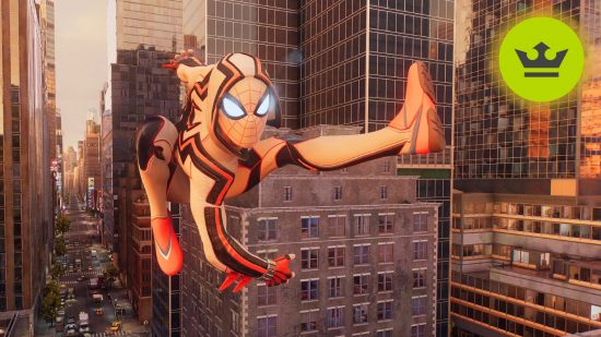 ロードアウト・アワード 2023: スパイダーマンが白、黒、ピンクのスーツを着て高層ビルを飛び越える