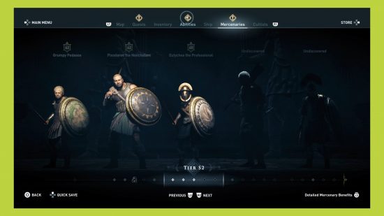 Star Wars Outlaws Assassin's Creed Mercenary System: ランダムな NPC が列を埋める、Assassin's Creed Odyssey の Mercenaries メニューの S1 層のイメージ